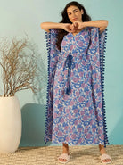 The Kaftan Company Kaftan Blue Floral Cotton Kaftan with Pom-Pom Trim and Waist Tie