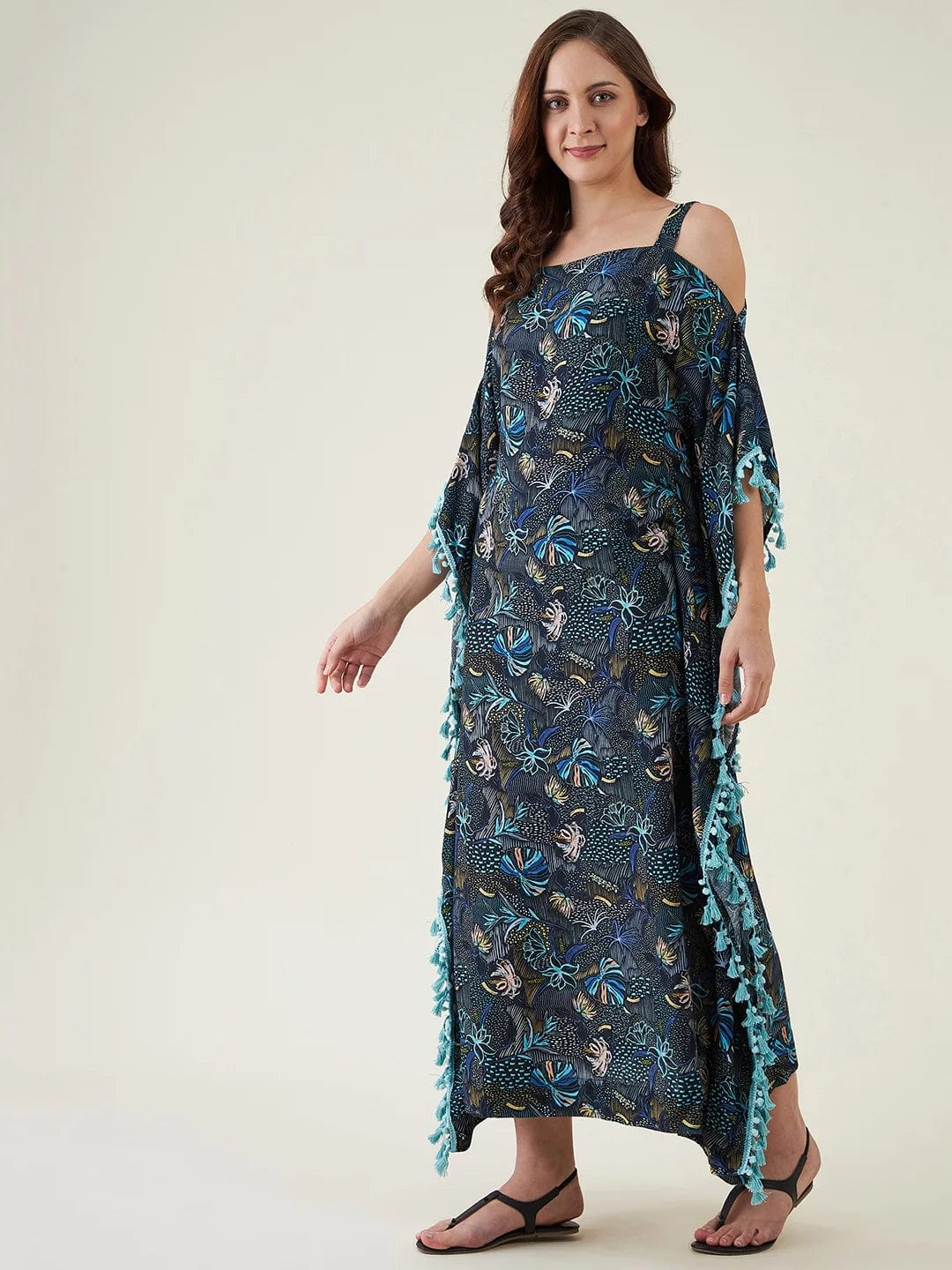 The Kaftan Company Kaftan Blue Floral Maxi Kaftan with Fringes