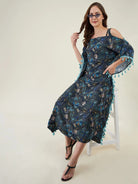 The Kaftan Company Kaftan Blue Floral Maxi Kaftan with Fringes