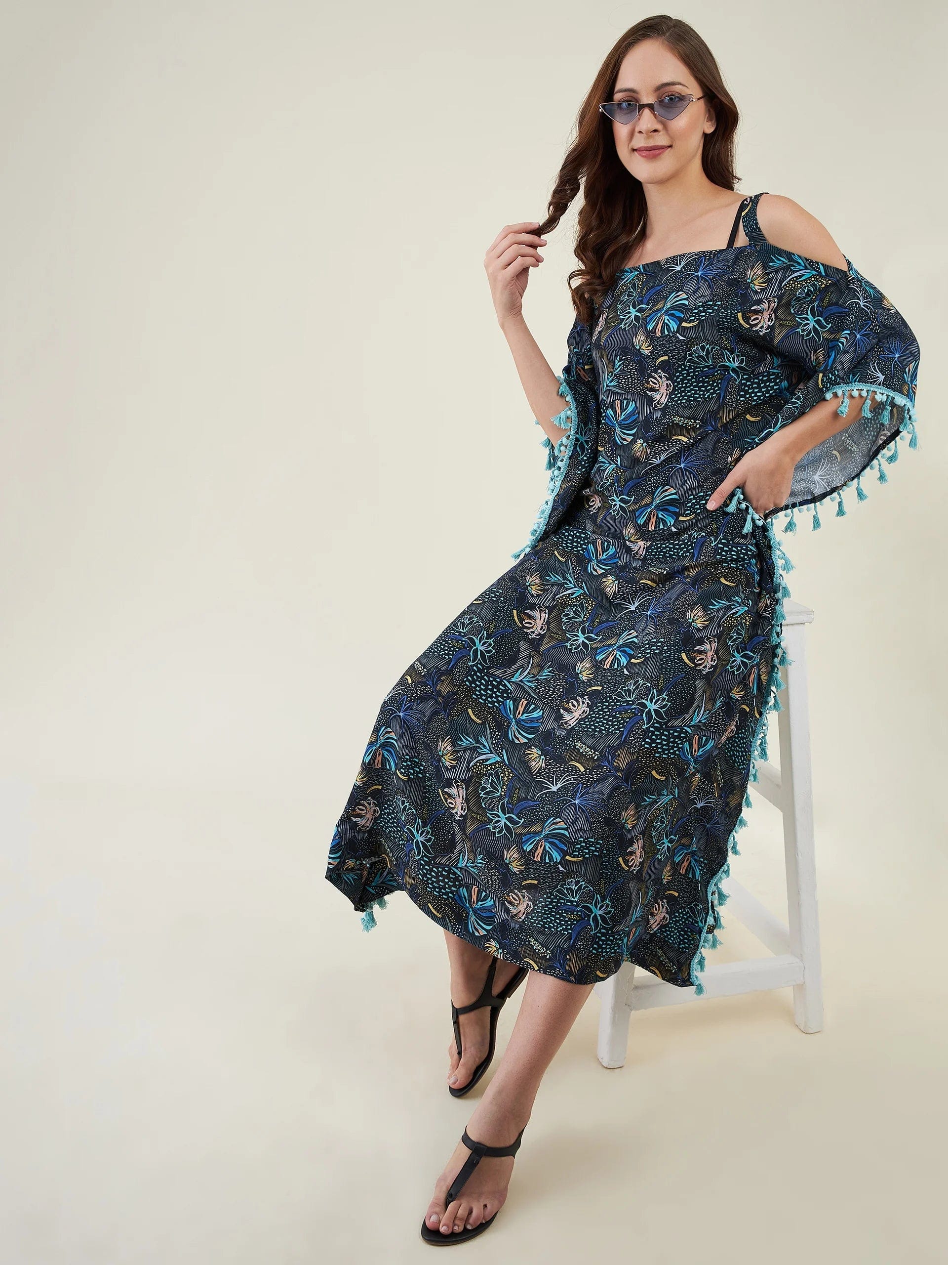 The Kaftan Company Kaftan Blue Floral Maxi Kaftan with Fringes