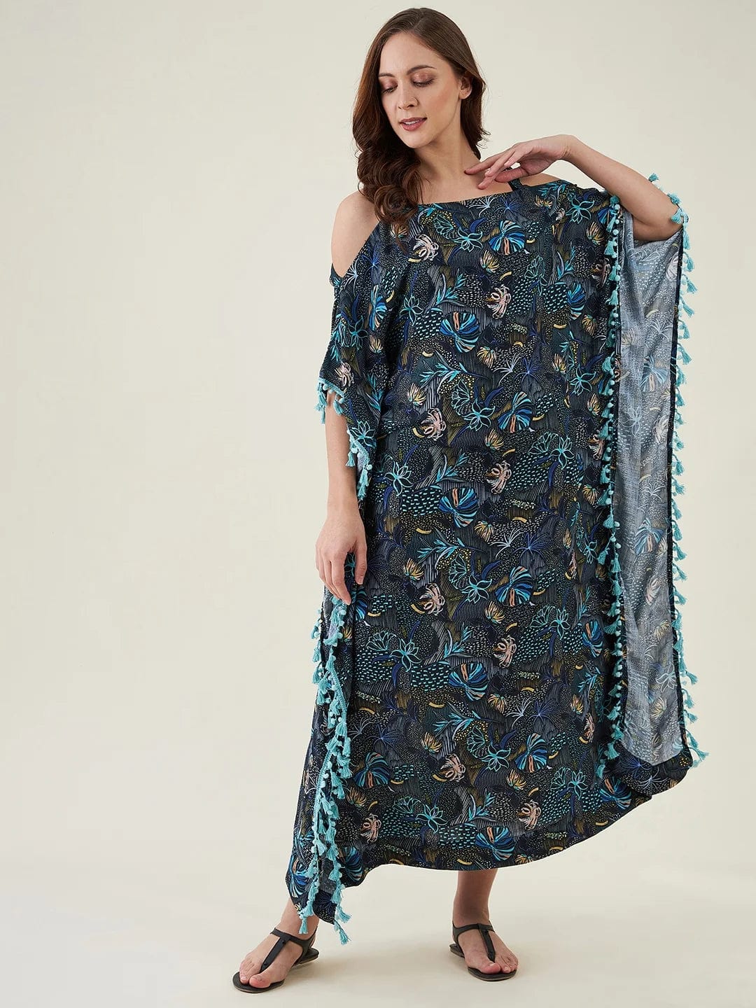 The Kaftan Company Kaftan Blue Floral Maxi Kaftan with Fringes