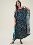 The Kaftan Company Kaftan Blue Floral Maxi Kaftan with Fringes