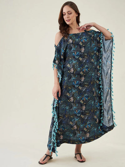 Blue Floral Maxi Kaftan with Fringes