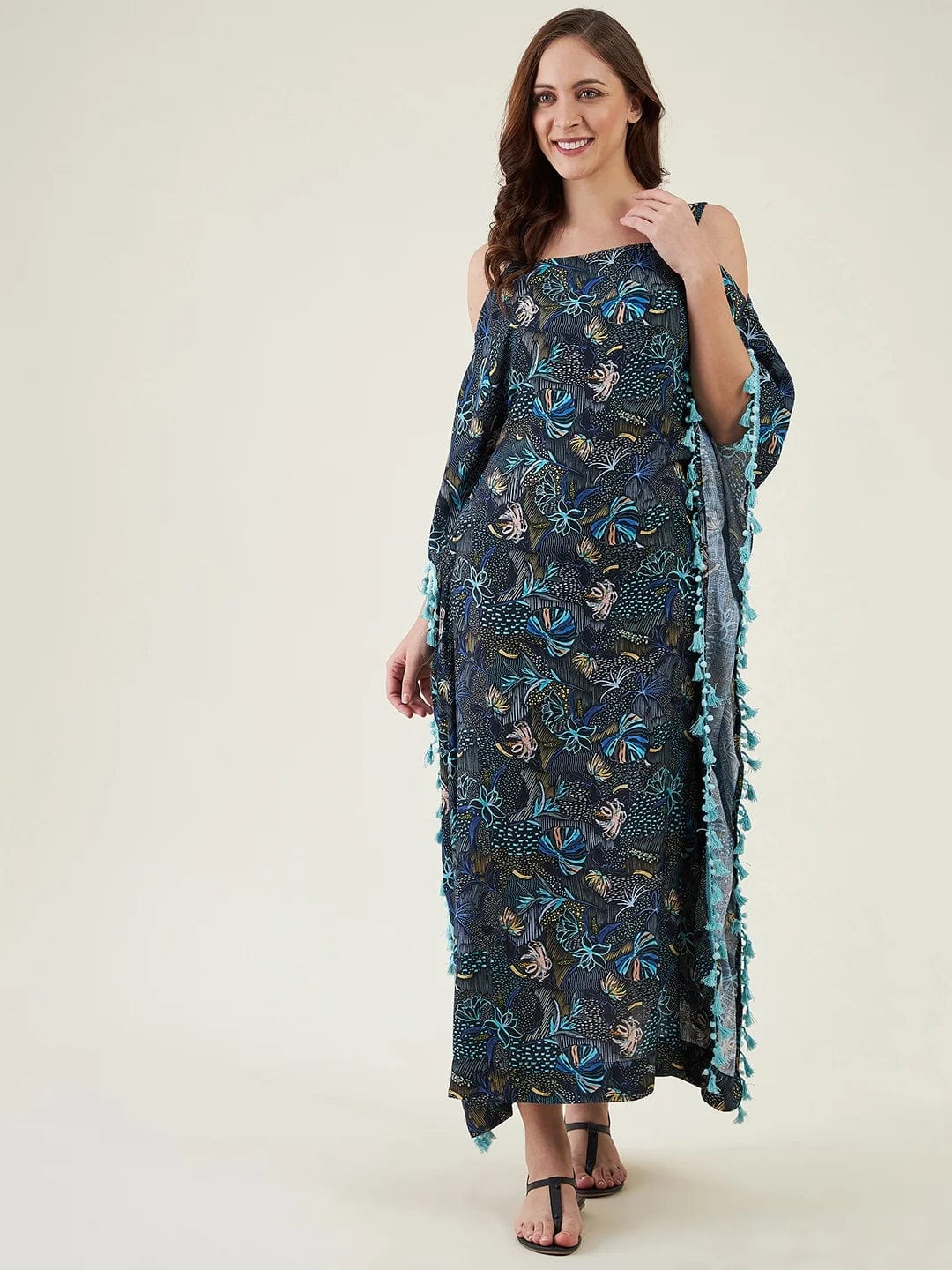 The Kaftan Company Kaftan Blue Floral Maxi Kaftan with Fringes
