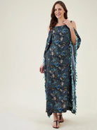The Kaftan Company Kaftan Blue Floral Maxi Kaftan with Fringes