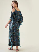The Kaftan Company Kaftan Blue Floral Maxi Kaftan with Fringes