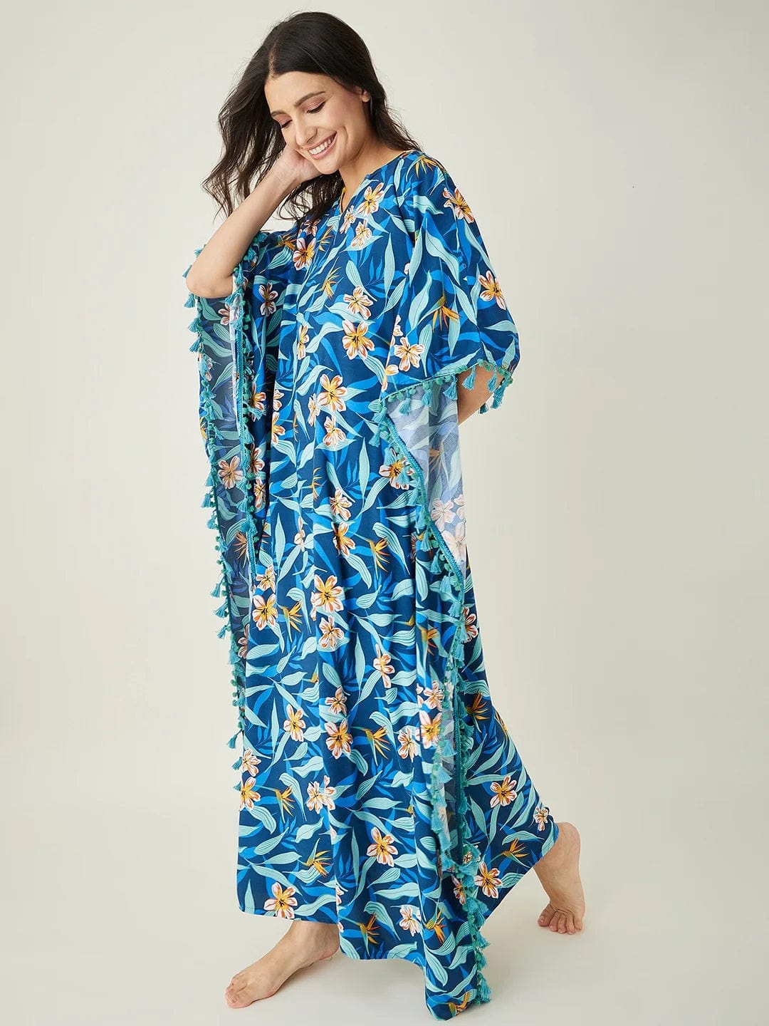 The Kaftan Company Kaftan Blue Floral Printed Kaftan