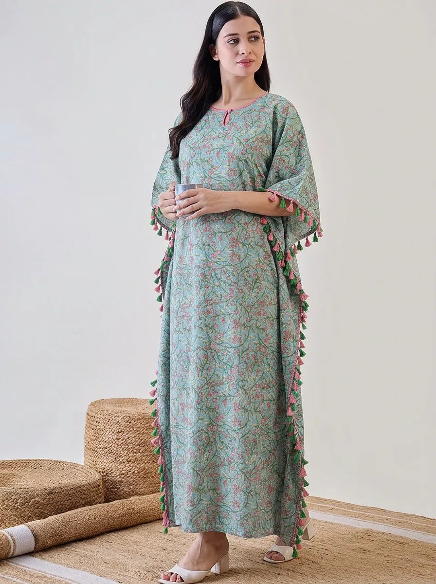 The Kaftan Company Kaftan Blue Floral Tassel Pom Pom Lace Embellished Cotton Kaftan Nightdress