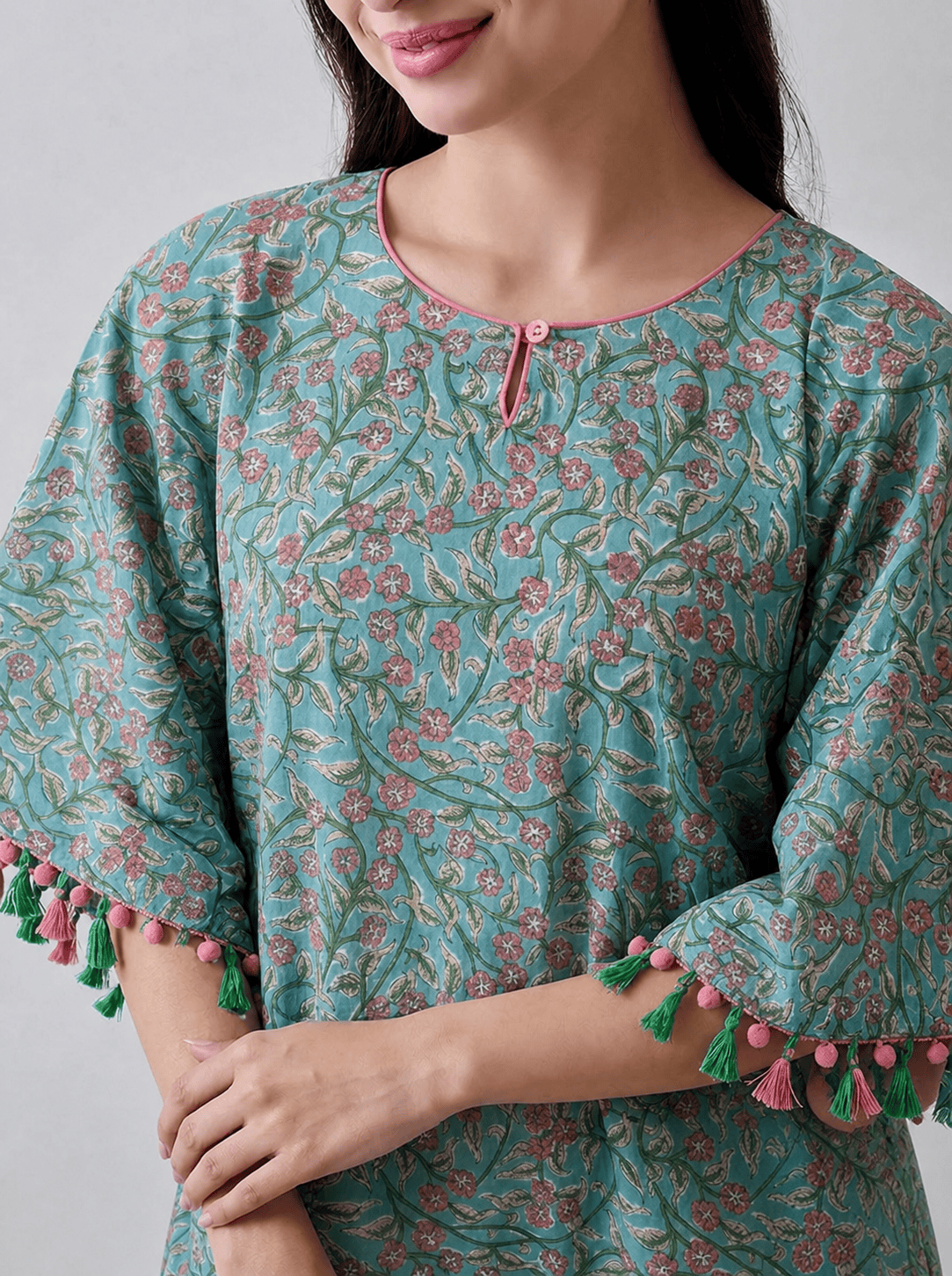 The Kaftan Company Kaftan Blue Floral Tassel Pom Pom Lace Embellished Cotton Kaftan Nightdress