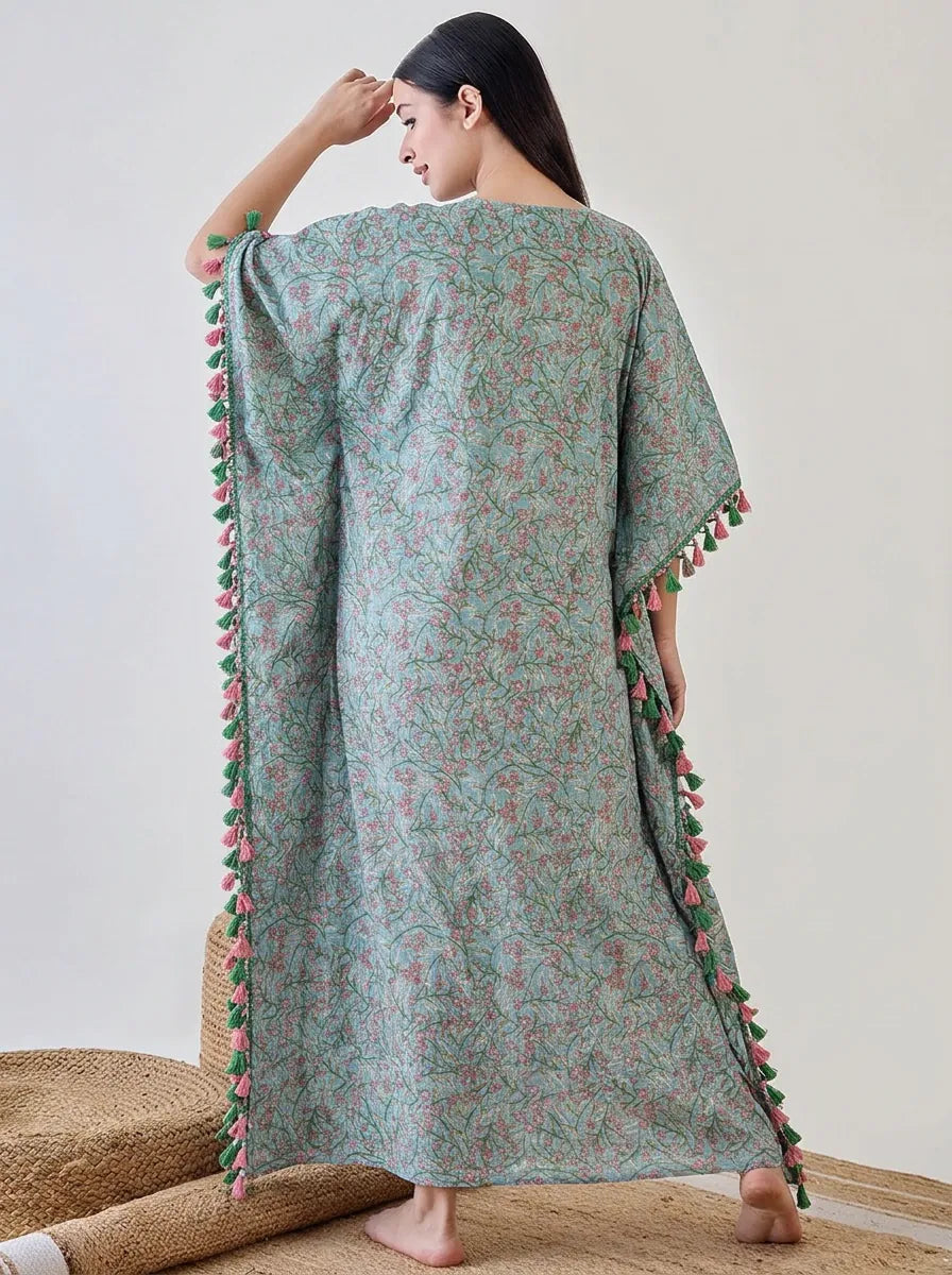 The Kaftan Company Kaftan Blue Floral Tassel Pom Pom Lace Embellished Cotton Kaftan Nightdress