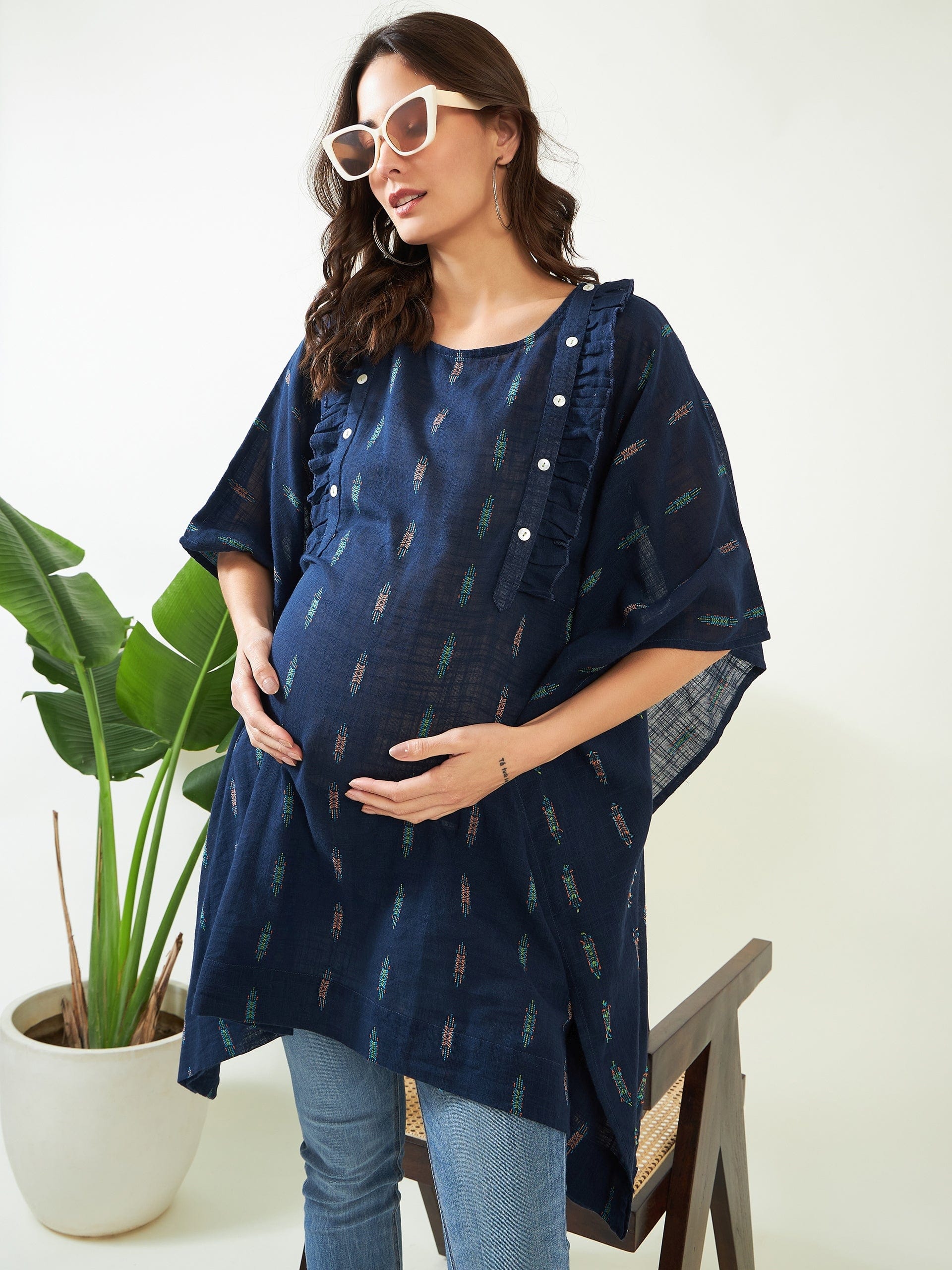 The Kaftan Company Kaftan Blue Handloom Cotton Maternity Kaftan