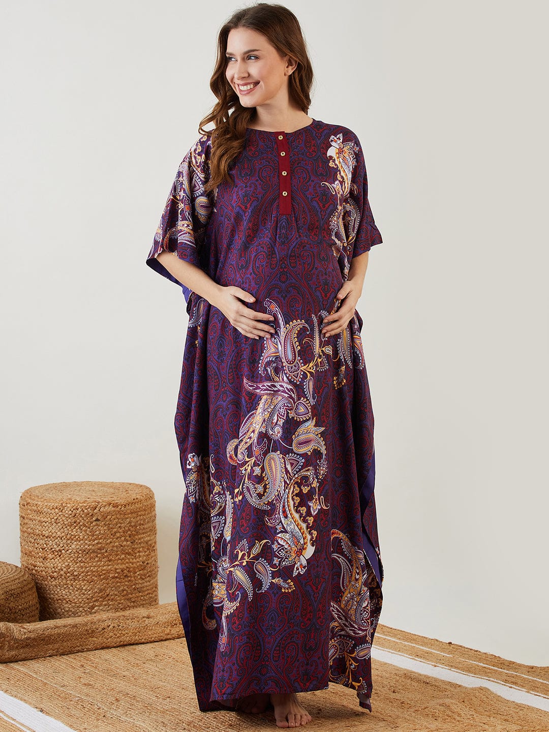 The Kaftan Company Kaftan Blue Printed Paisley Maternity and Nursing Kaftan