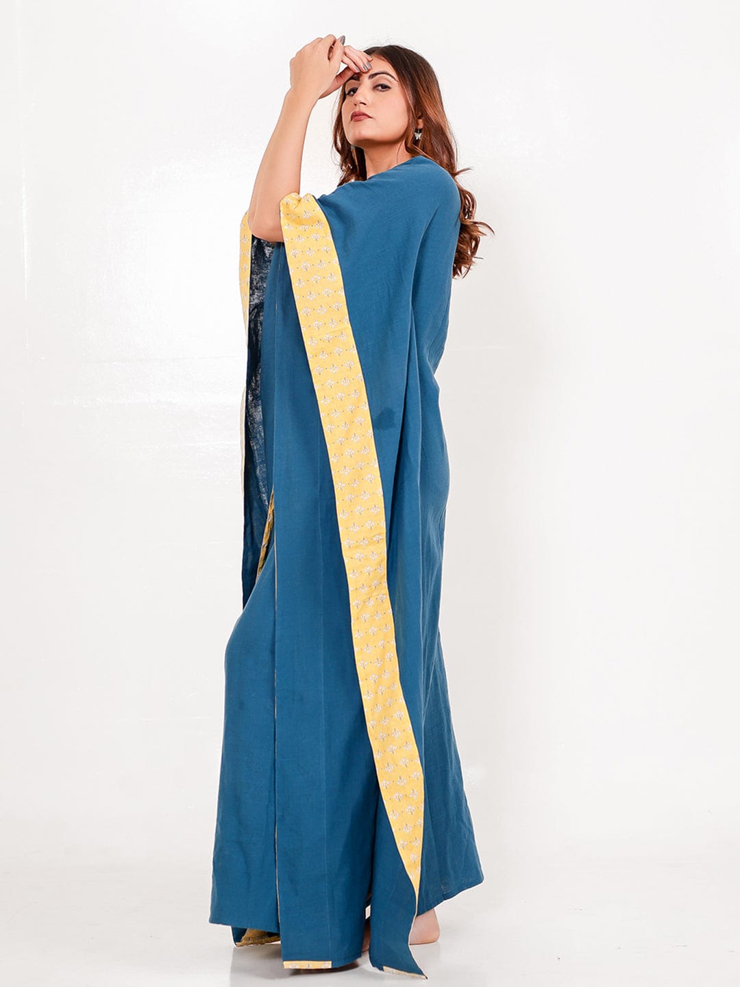 The Kaftan Company Kaftan Blue Yellow Floral Cotton Maxi Kaftan with Pockets