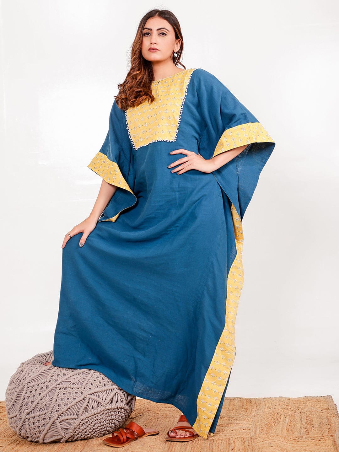 The Kaftan Company Kaftan Blue Yellow Floral Cotton Maxi Kaftan with Pockets