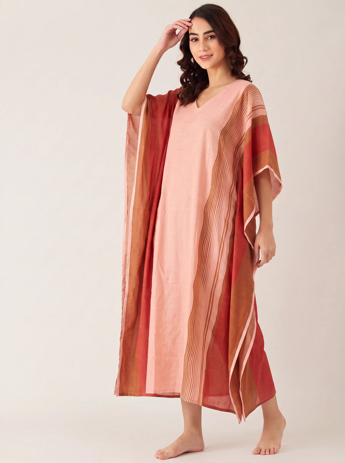 The Kaftan Company Kaftan Blush Pink Colour-Block Cotton Kaftan with Lace Edging