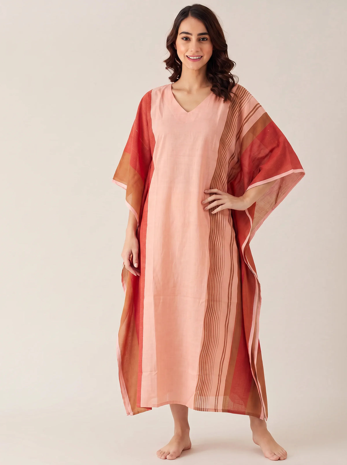 The Kaftan Company Kaftan Blush Pink Colour-Block Cotton Kaftan with Lace Edging