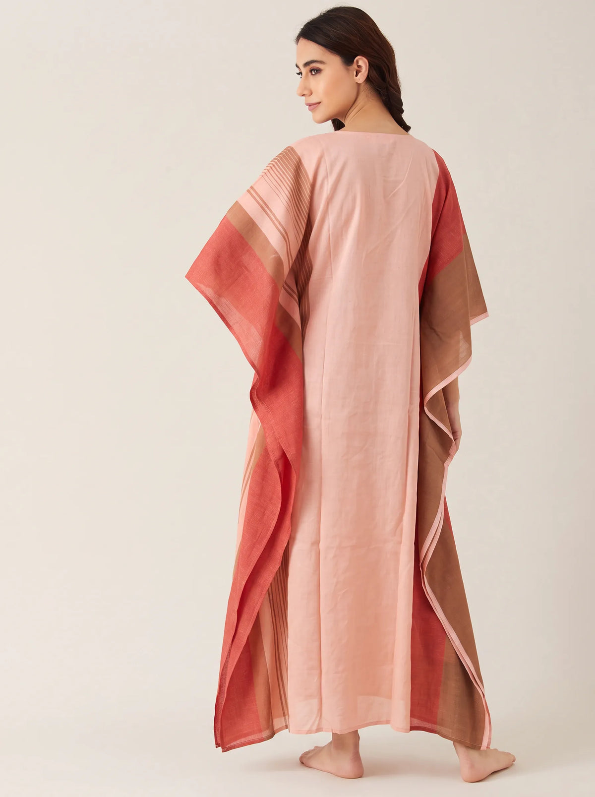 The Kaftan Company Kaftan Blush Pink Colour-Block Cotton Kaftan with Lace Edging