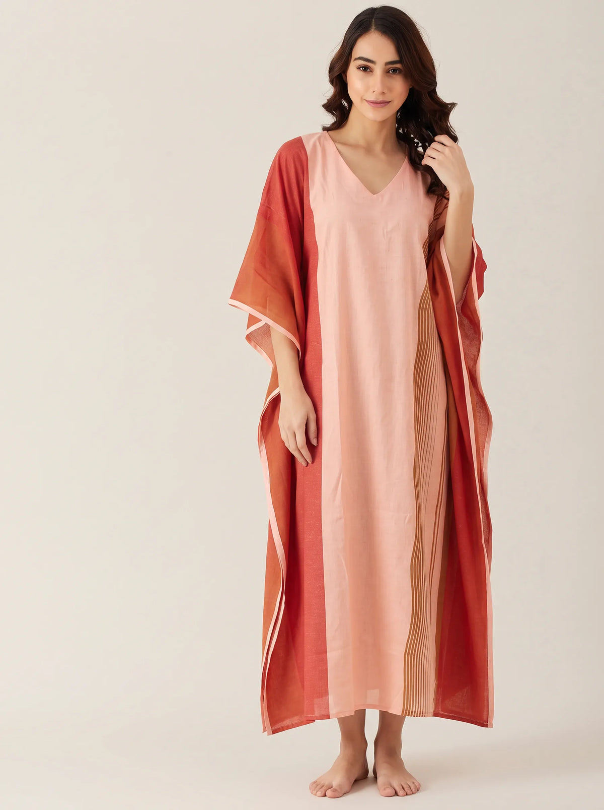 The Kaftan Company Kaftan Blush Pink Colour-Block Cotton Kaftan with Lace Edging