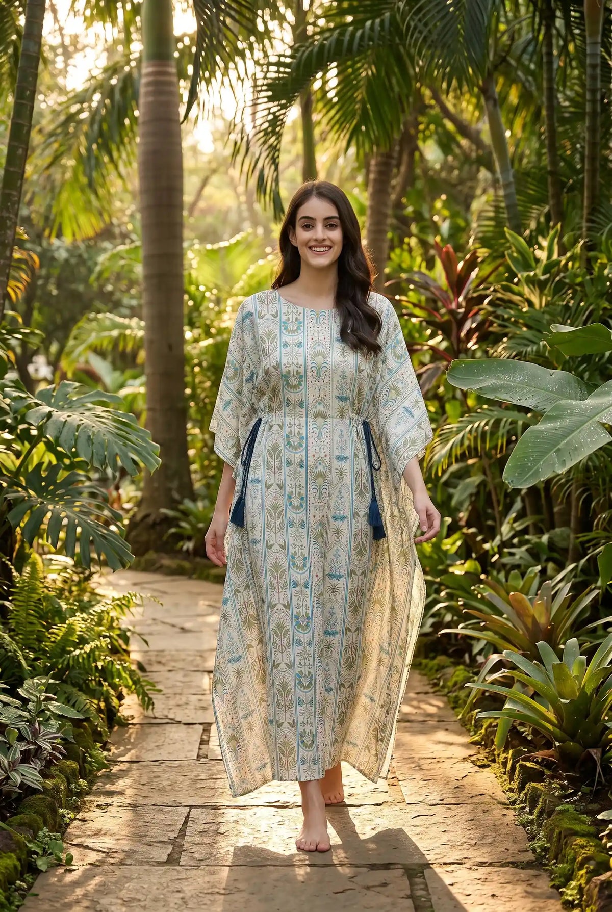 The Kaftan Company Kaftan Botanical Stripe Print Maxi Kaftan