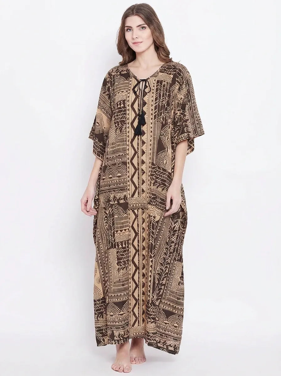The Kaftan Company Kaftan Brown & Beige Tribal Print Cotton Kaftan