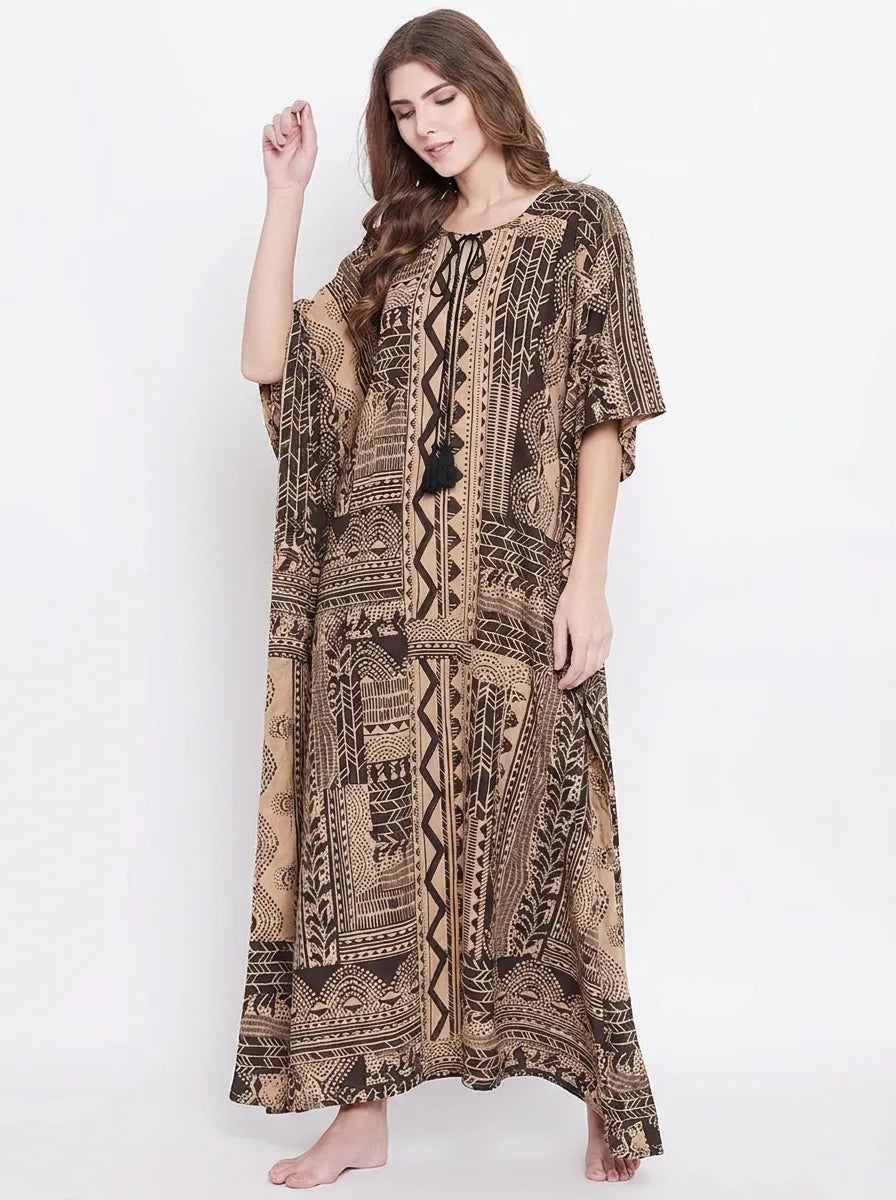 The Kaftan Company Kaftan Brown & Beige Tribal Print Cotton Kaftan