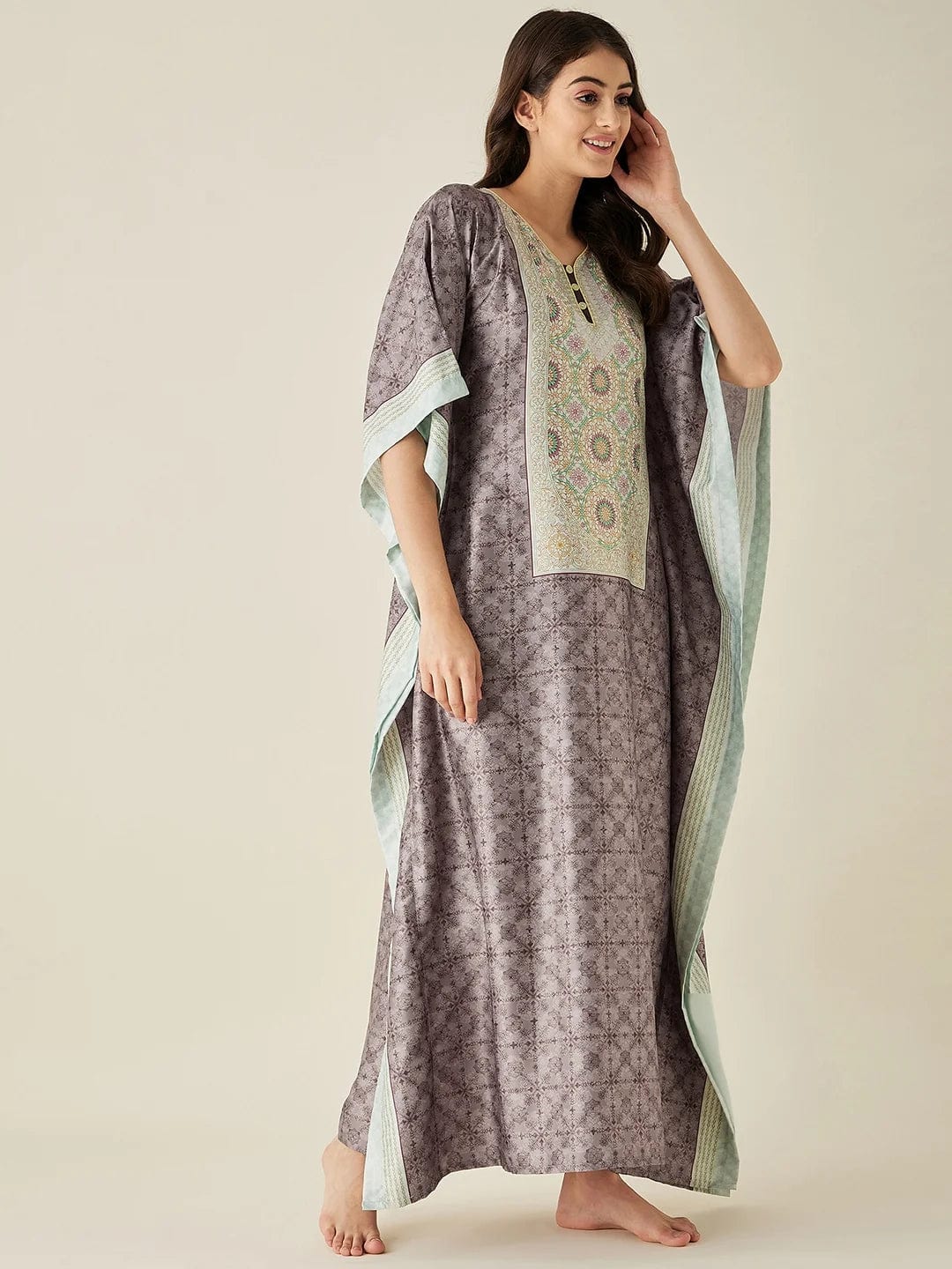 The Kaftan Company Kaftan Brown Digital Printed Satin Kaftan
