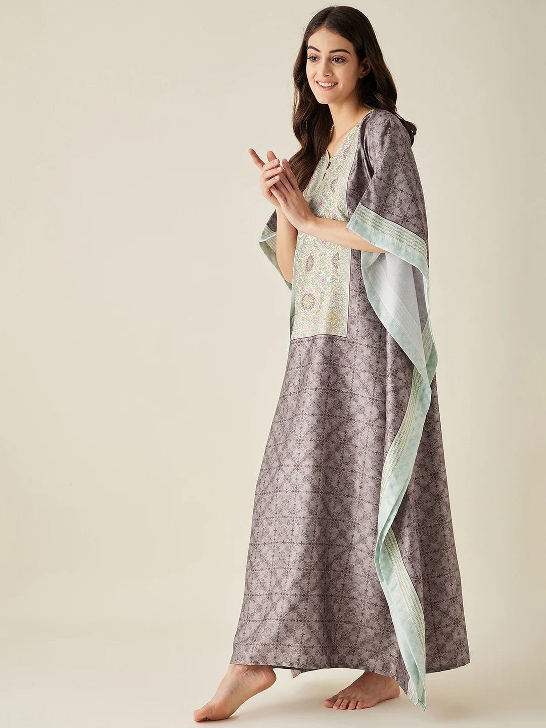 The Kaftan Company Kaftan Brown Digital Printed Satin Kaftan