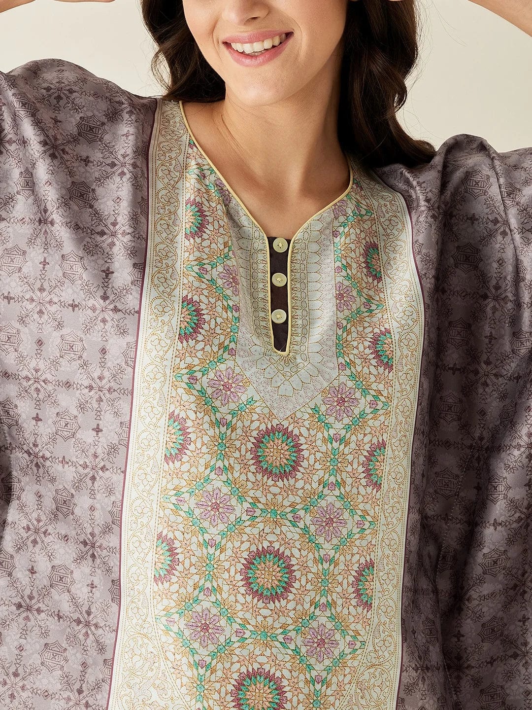 The Kaftan Company Kaftan Brown Digital Printed Satin Kaftan