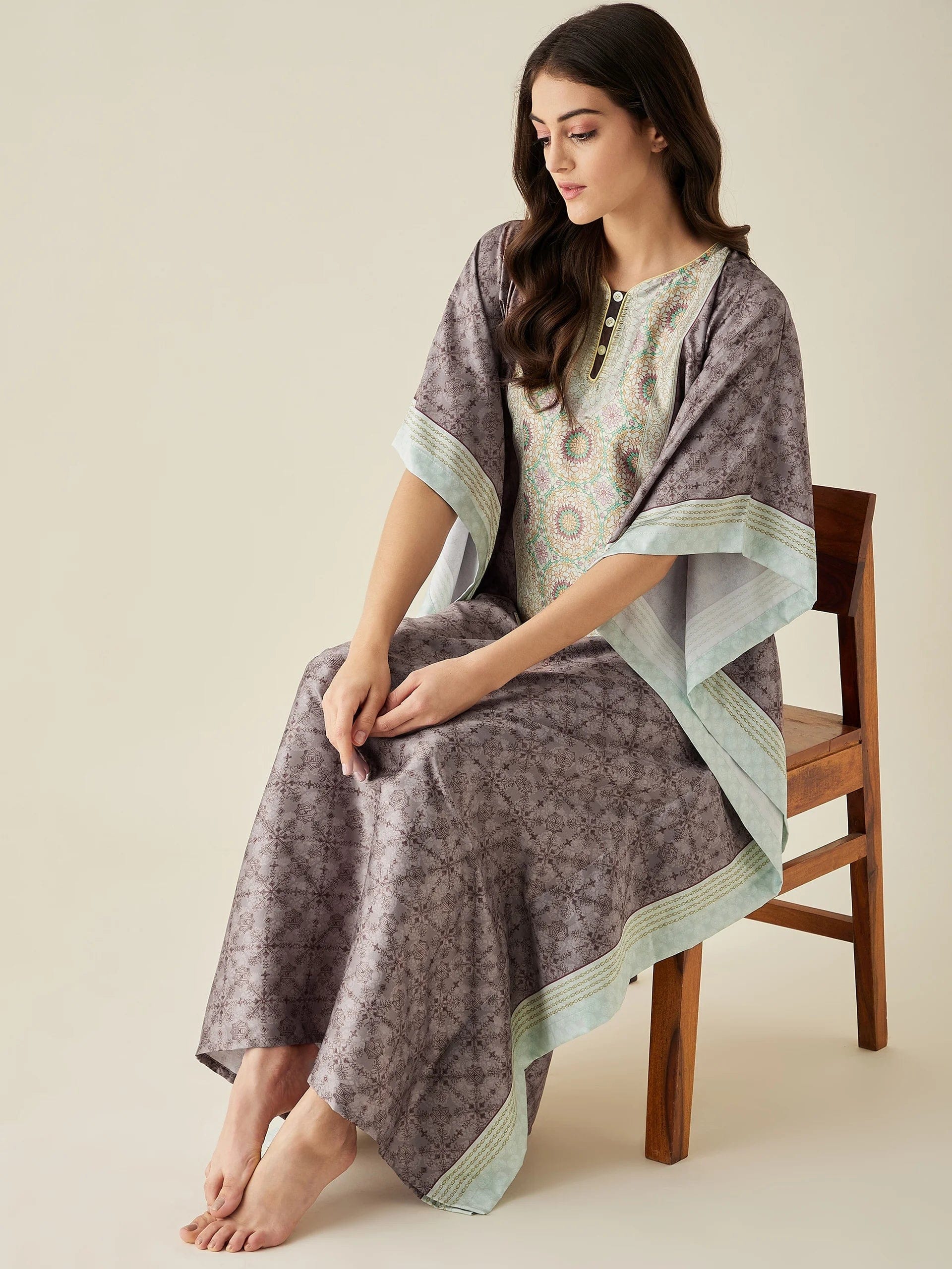 The Kaftan Company Kaftan Brown Digital Printed Satin Kaftan