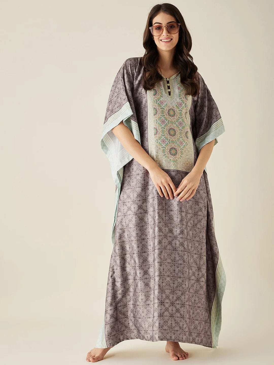The Kaftan Company Kaftan Brown Digital Printed Satin Kaftan