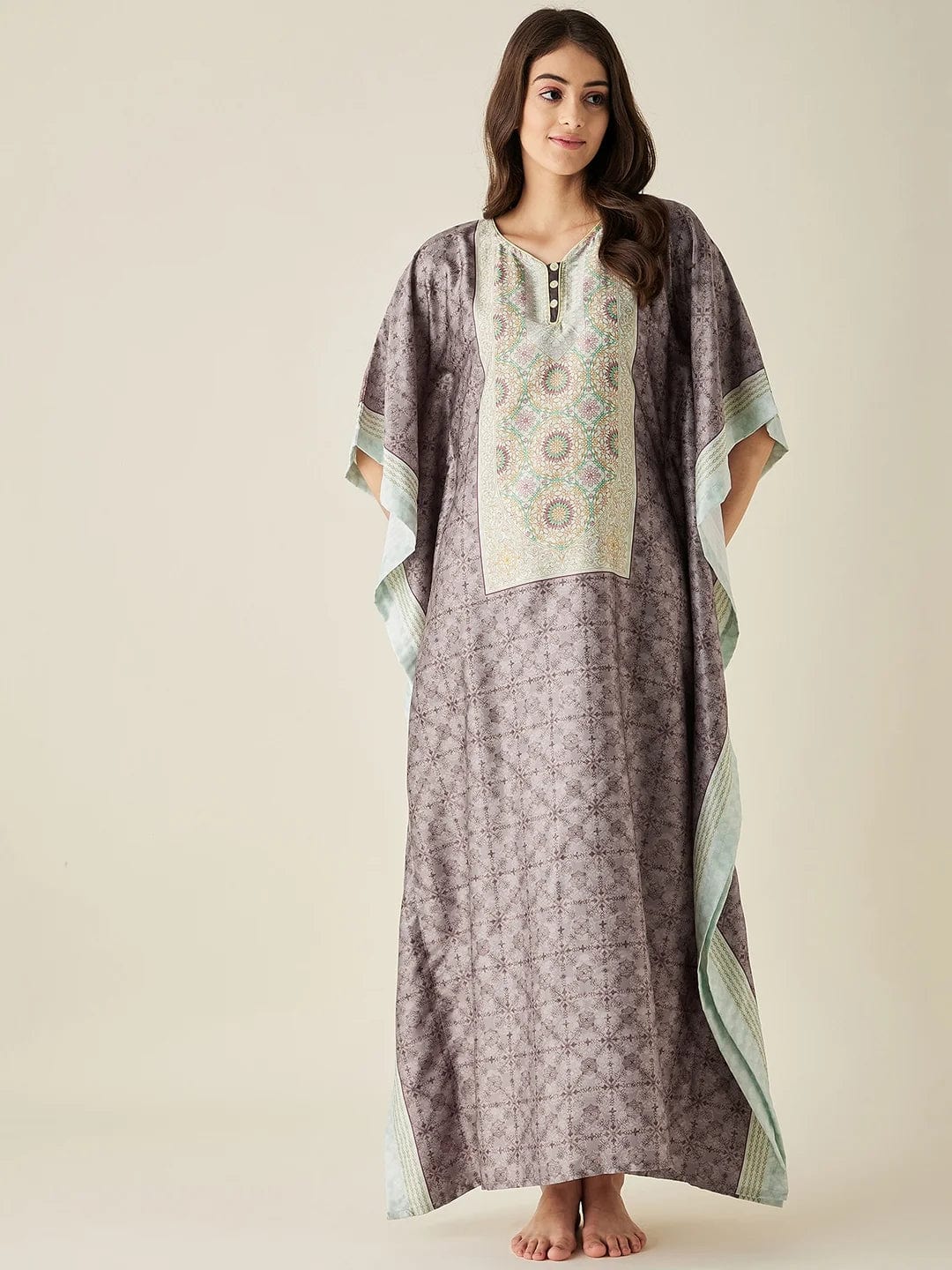 The Kaftan Company Kaftan Brown Digital Printed Satin Kaftan