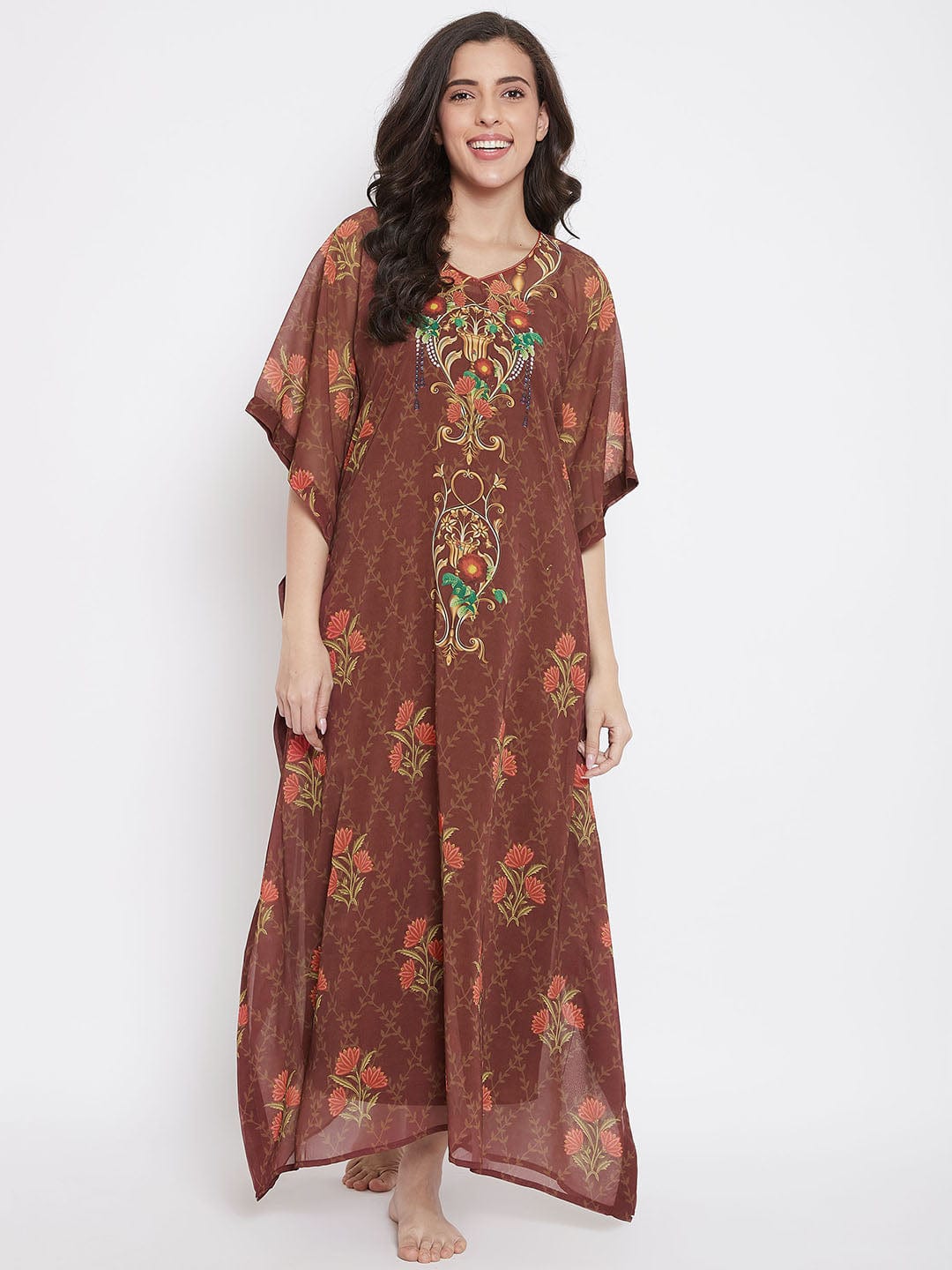 The Kaftan Company Kaftan Brown Floral Georgette Kaftan