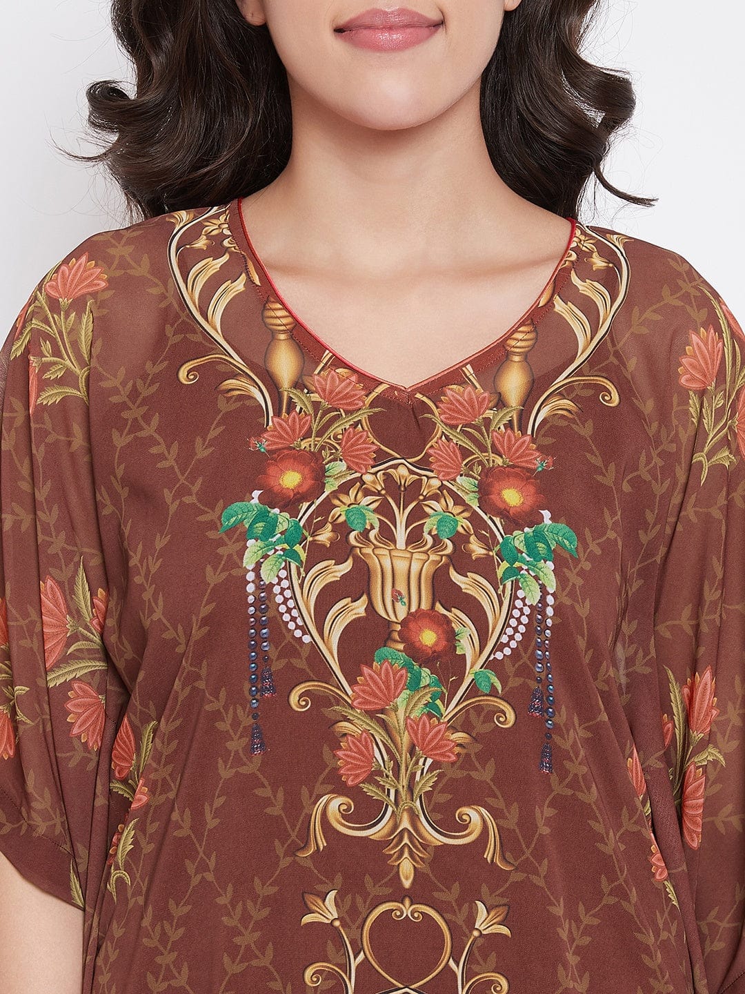 The Kaftan Company Kaftan Brown Floral Georgette Kaftan