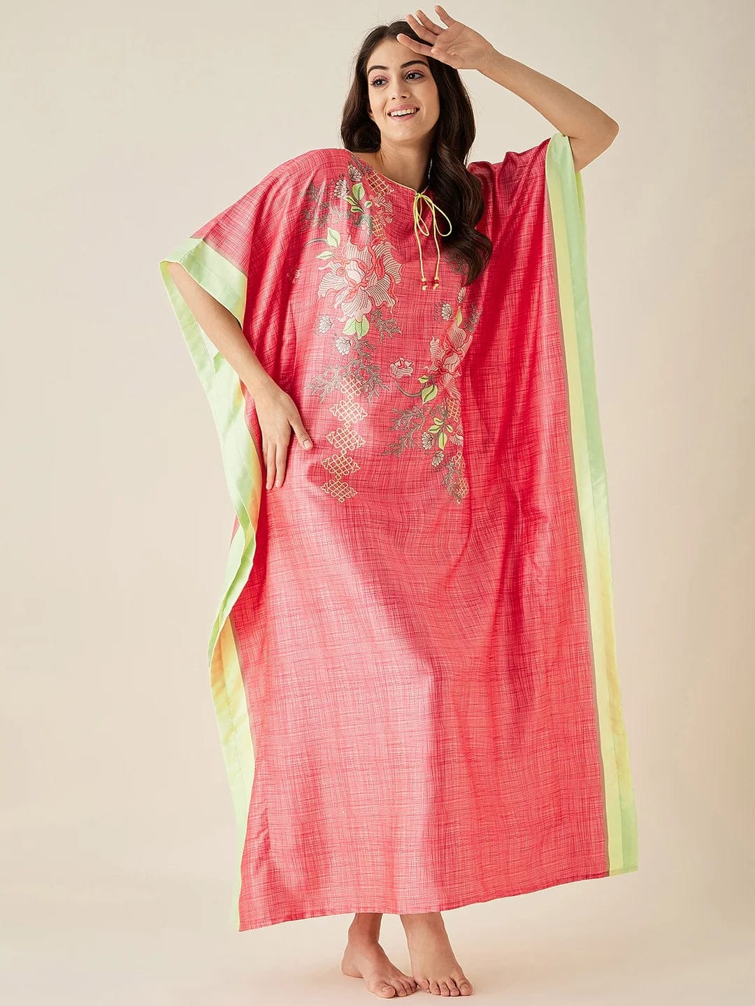 The Kaftan Company Kaftan Coral FLoral Printed Satin Kaftan