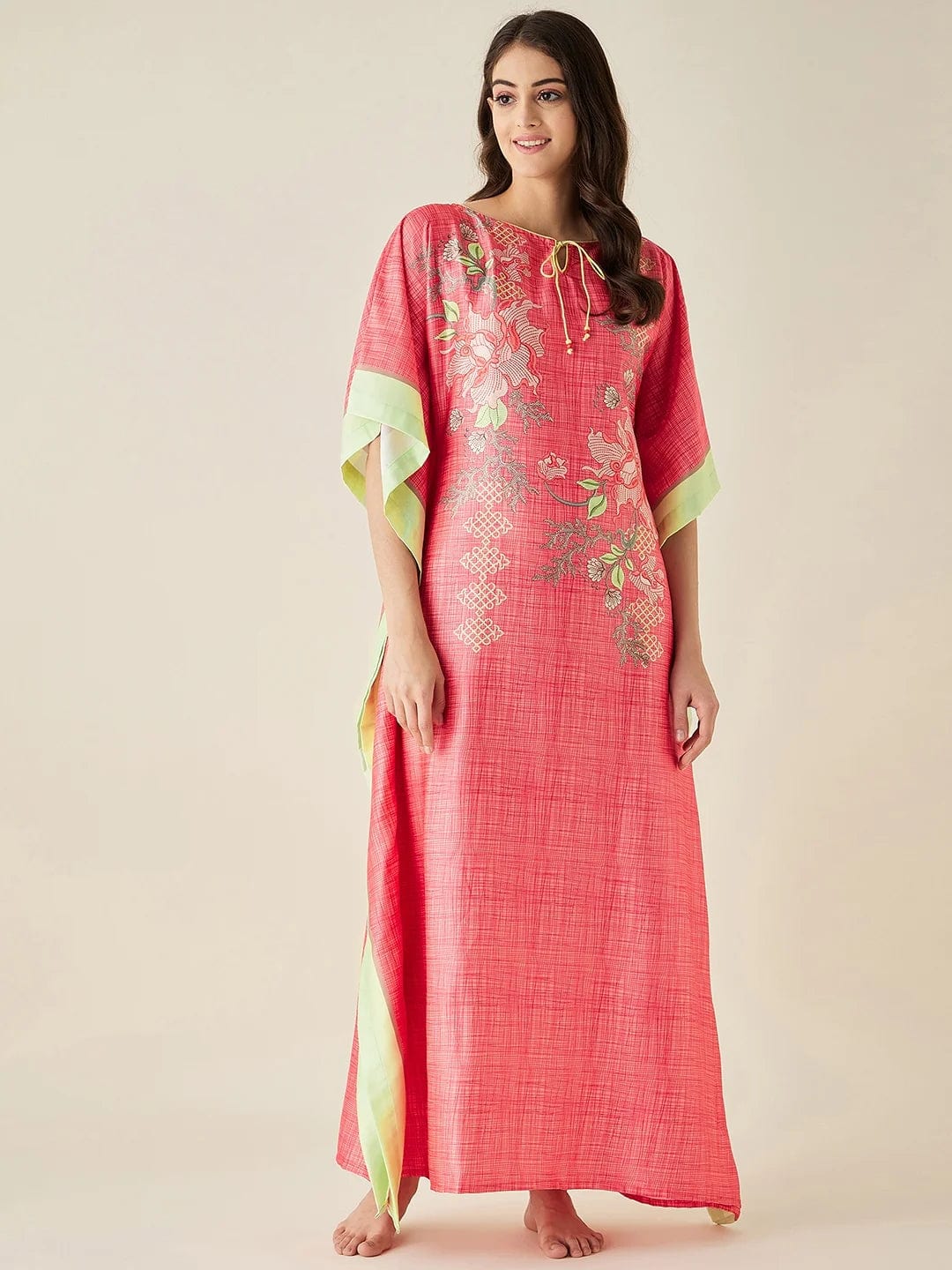 The Kaftan Company Kaftan Coral FLoral Printed Satin Kaftan