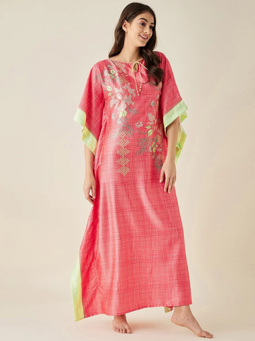 The Kaftan Company Kaftan Coral FLoral Printed Satin Kaftan