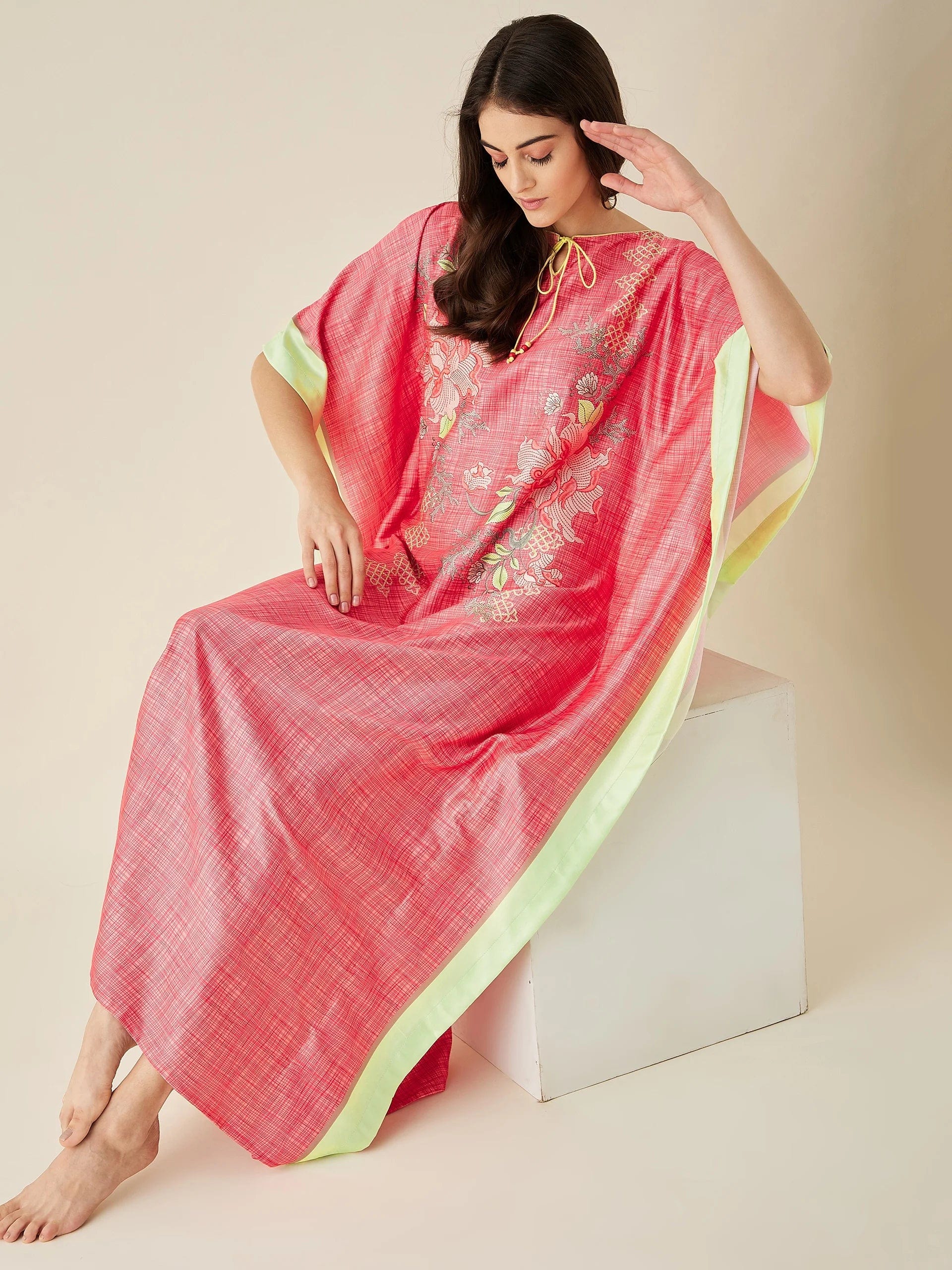 The Kaftan Company Kaftan Coral FLoral Printed Satin Kaftan