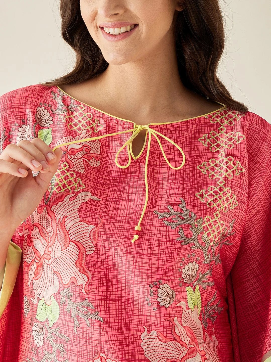The Kaftan Company Kaftan Coral FLoral Printed Satin Kaftan