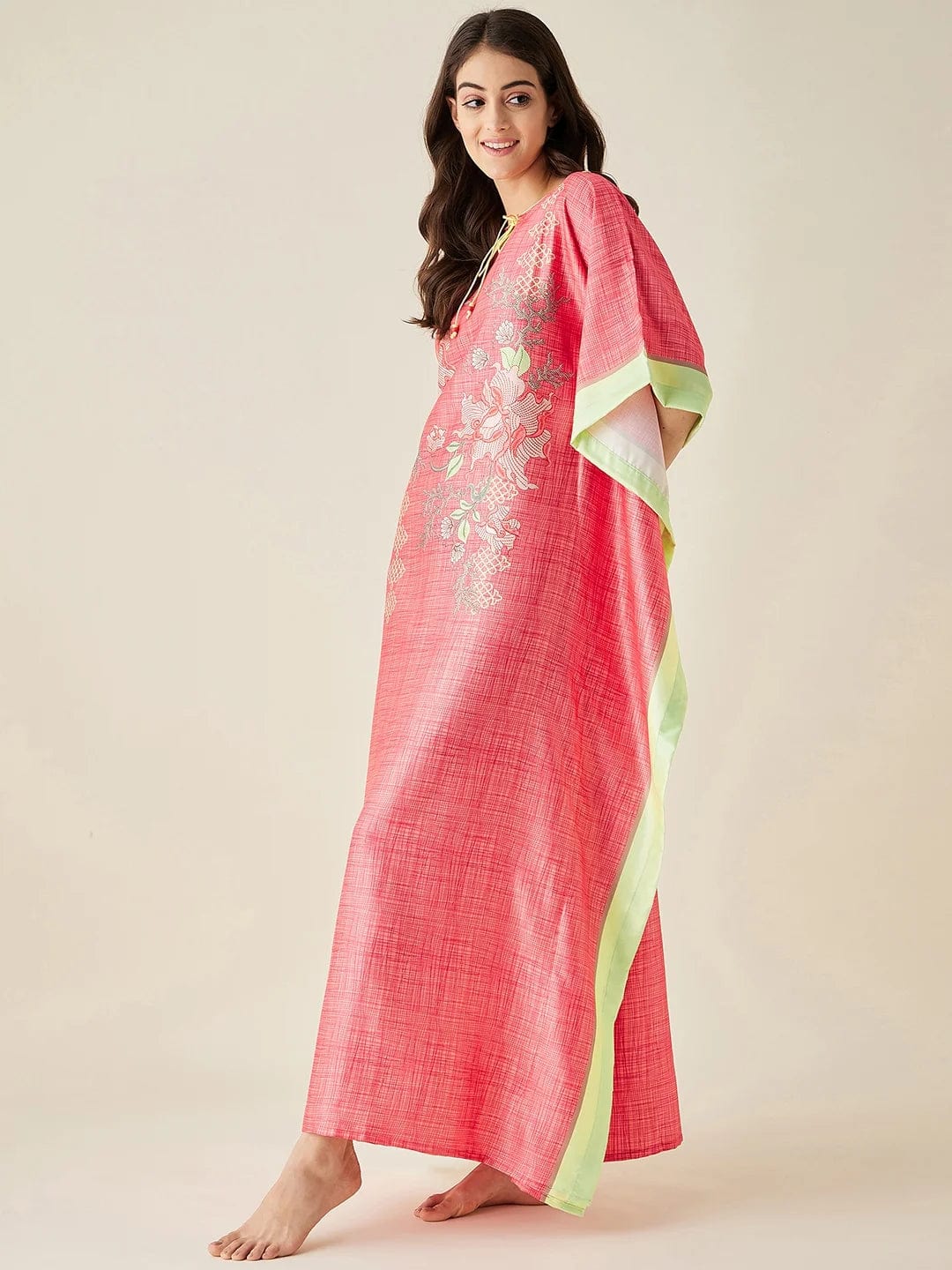 The Kaftan Company Kaftan Coral FLoral Printed Satin Kaftan