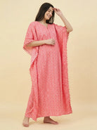The Kaftan Company Kaftan Coral Pink Geometric Print Maternity Kaftan with Pom-Pom Trim