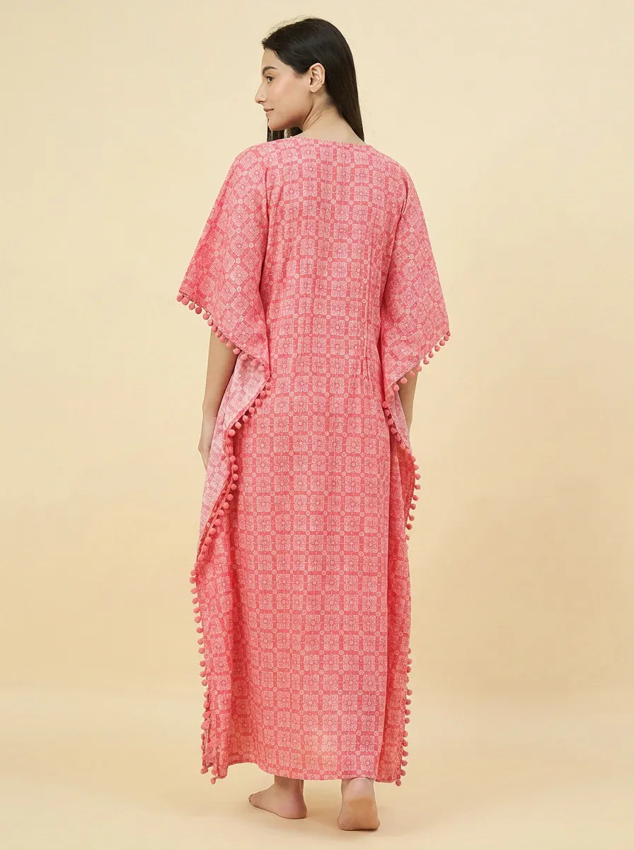The Kaftan Company Kaftan Coral Pink Geometric Print Maternity Kaftan with Pom-Pom Trim
