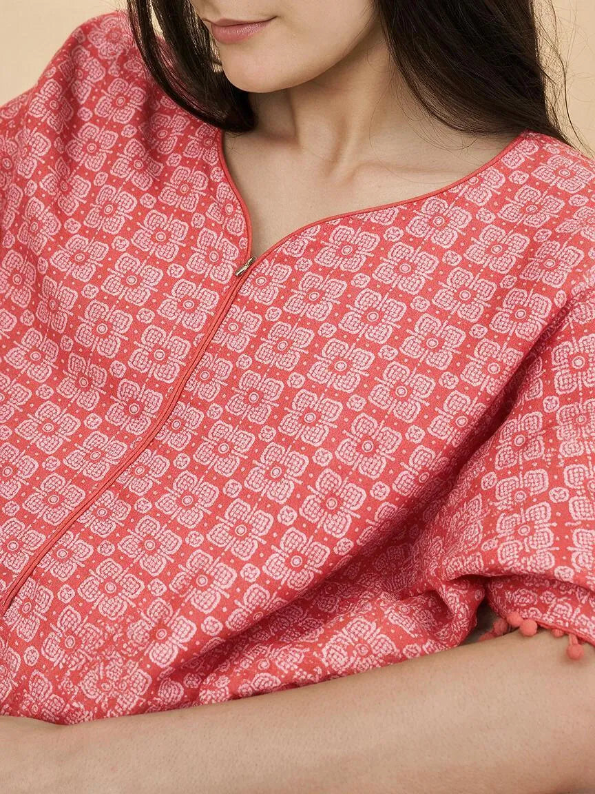 The Kaftan Company Kaftan Coral Pink Geometric Print Maternity Kaftan with Pom-Pom Trim