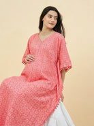 The Kaftan Company Kaftan Coral Pink Geometric Print Maternity Kaftan with Pom-Pom Trim