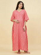 The Kaftan Company Kaftan Coral Pink Geometric Print Maternity Kaftan with Pom-Pom Trim