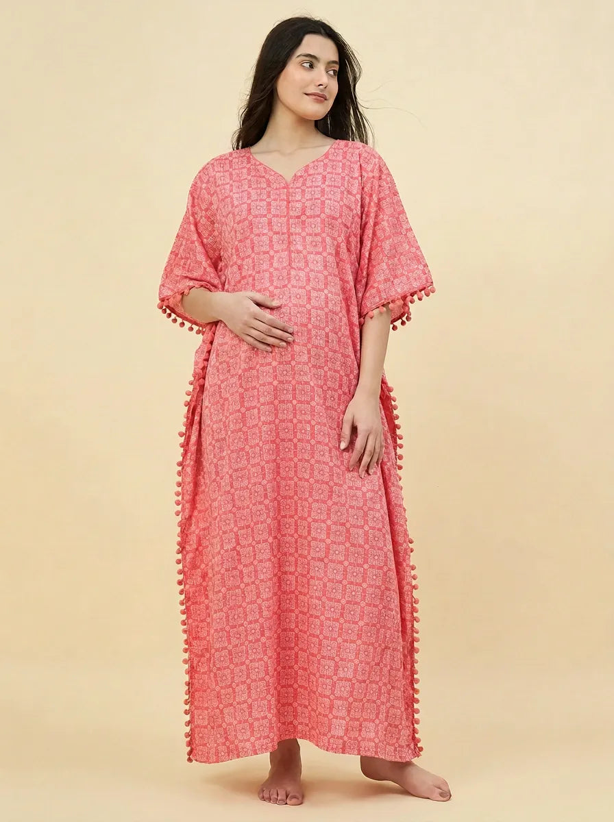 The Kaftan Company Kaftan Coral Pink Geometric Print Maternity Kaftan with Pom-Pom Trim