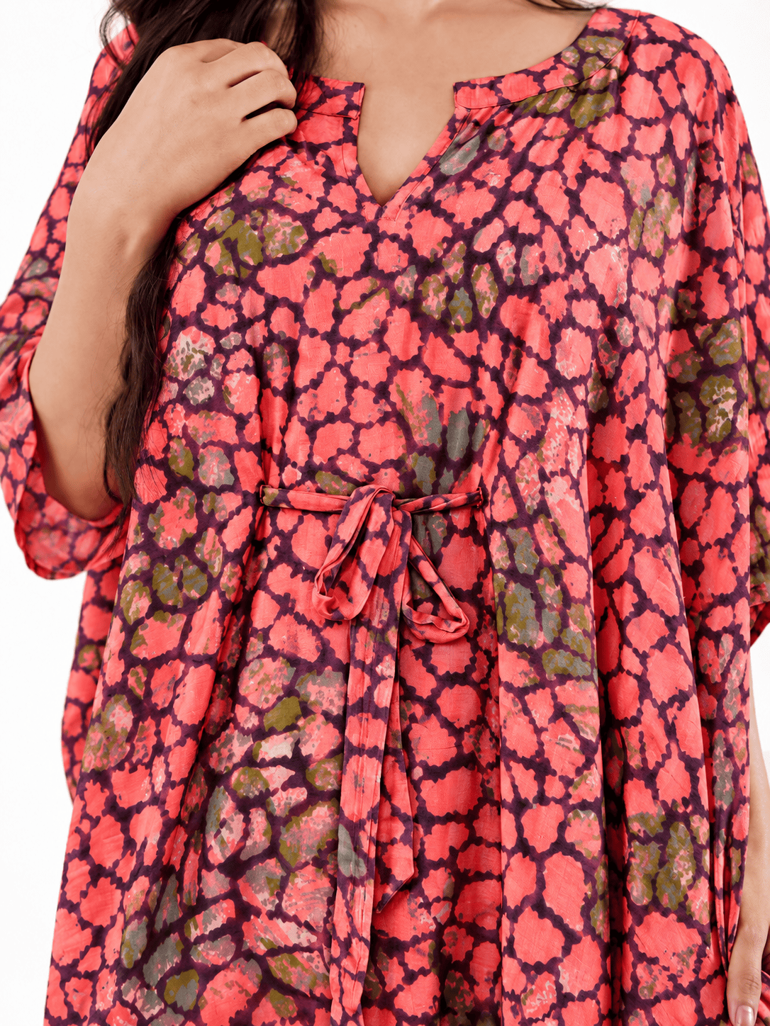 The Kaftan Company Kaftan Coral Printed Cotton Kaftan with Drawstring Waist