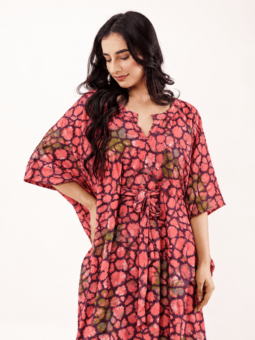 The Kaftan Company Kaftan Coral Printed Cotton Kaftan with Drawstring Waist