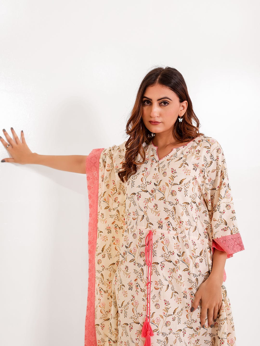 The Kaftan Company Kaftan Cream Floral Viscose Rayon Kaftan with Pink Lace