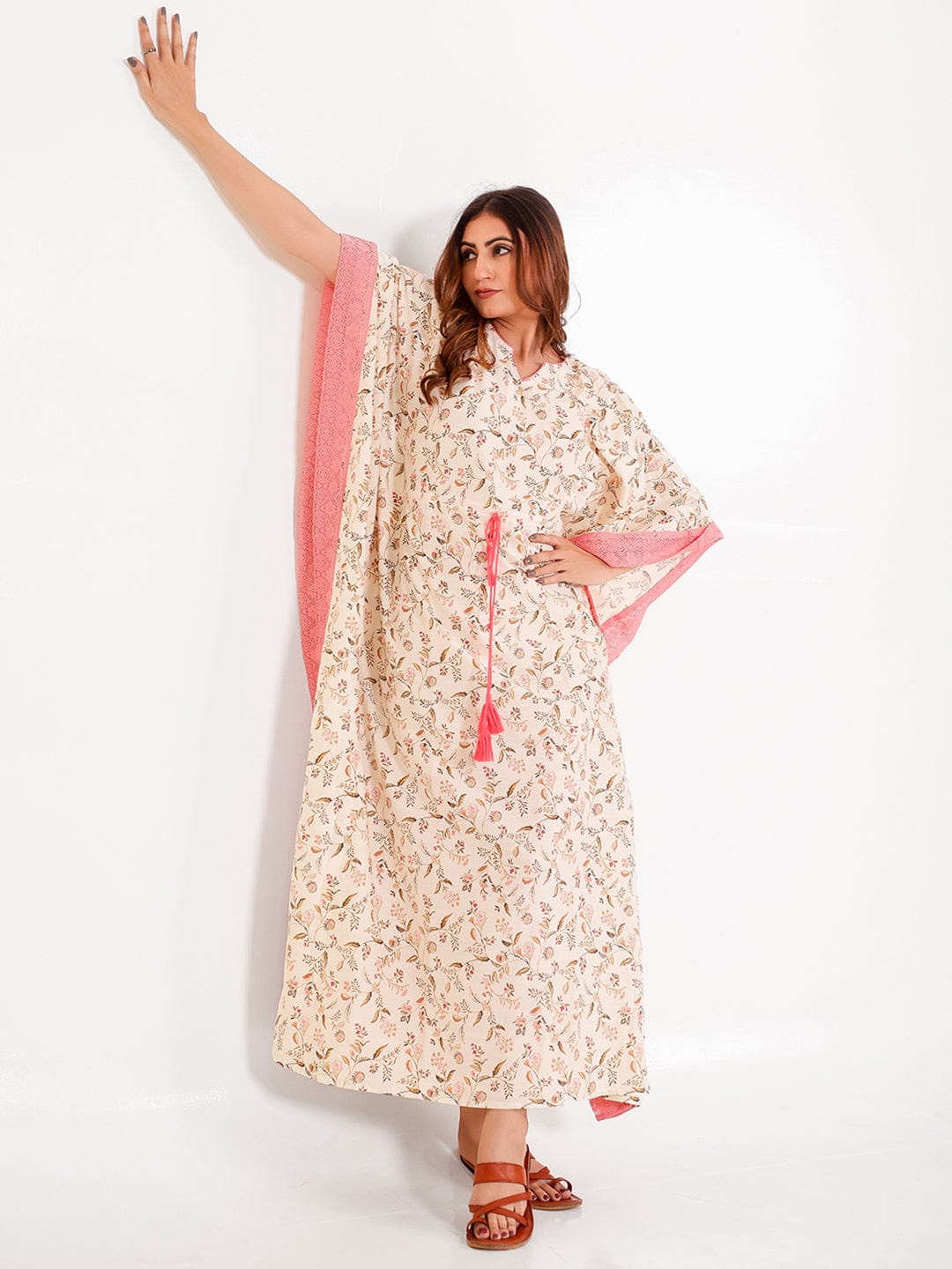 The Kaftan Company Kaftan Cream Floral Viscose Rayon Kaftan with Pink Lace