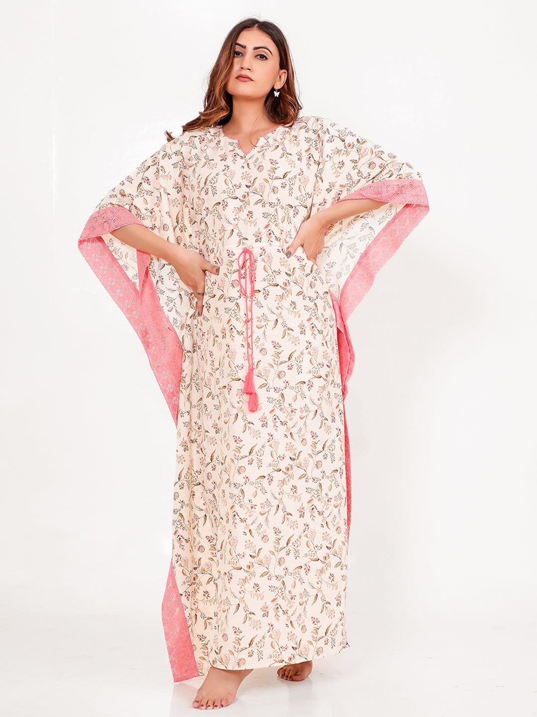 The Kaftan Company Kaftan Cream Floral Viscose Rayon Kaftan with Pink Lace